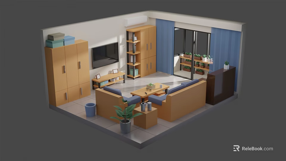 Cartoon Living Room Scene With Wooden Sofa Coffee Table TV Bookshelf Window Curtains And Plant 3d model 