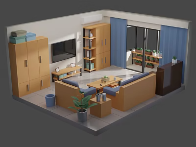 Cartoon Living Room Scene With Wooden Sofa Coffee Table TV Bookshelf Window Curtains And Plant 3d model