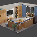 Cartoon Living Room Scene With Wooden Sofa Coffee Table TV Bookshelf Window Curtains And Plant