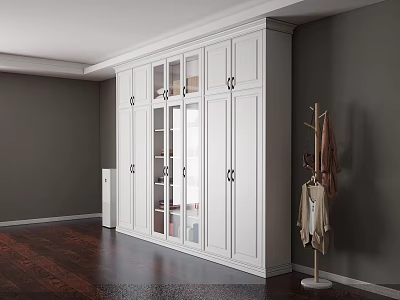 Room Interior With White Cabinet Glass Doors Dark Gray Walls Wood Flooring And Coat Rack 3d model