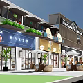 Modern Commercial Street With Colorful Storefronts Awnings Outdoor Seating And Paved Plaza