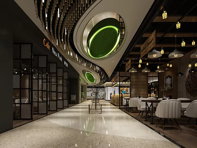 Modern Shopping Mall Lobby With Spiral Ceiling Decor Green Circular Elements Pendant Lights Glass Partitions 3d model