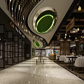 Modern Shopping Mall Lobby With Spiral Ceiling Decor Green Circular Elements Pendant Lights Glass Partitions