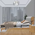 Modern Double Bed With White Upholstered Headboard Wooden Frame Nightstands Green Plant And Star Lamp