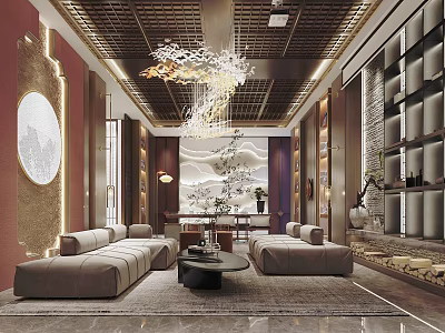 Elegant Modern Chinese Style Clubhouse Lobby With Chandelier Circular Decorative Painting Landscape Backdrop And Sofas 3d model