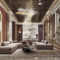 Elegant Modern Chinese Style Clubhouse Lobby With Chandelier Circular Decorative Painting Landscape Backdrop And Sofas