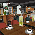 Cozy Cafe Interior Design With Comfortable Seating Green Plants And Wooden Shelves