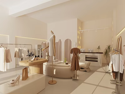 Elegant Modern Clothing Store Interior With Mannequins Clothes Racks Display Tables And Shoes 3d model