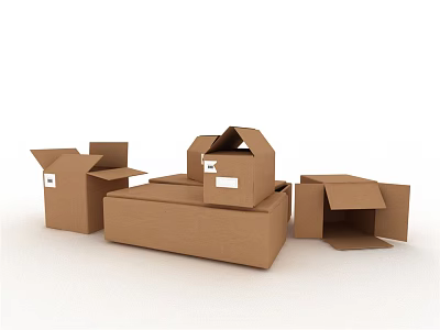 Multiple Open And Closed Brown Cardboard Boxes On White Background Setup 3d model