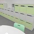 School Classroom Interior With Green Desks Chairs Globe Whiteboard And Lockers