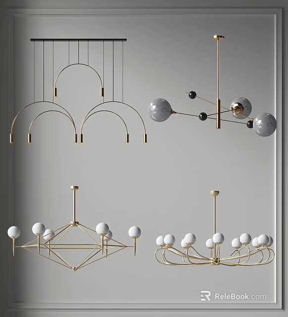 Modern Chandeliers Featuring Geometric Frames Arched Structures And Spherical Gold Accent Bulbs For Interior Decor 3d model