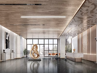 Modern Front Desk Reception Lobby With Spacious Design Wooden Ceiling Large Windows And Sculpture Decor 3d model