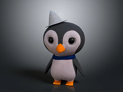 Cute Flying Animal Cartoon Penguin With Gray Cone Hat Blue Scarf Orange Beak And Feet 3d model