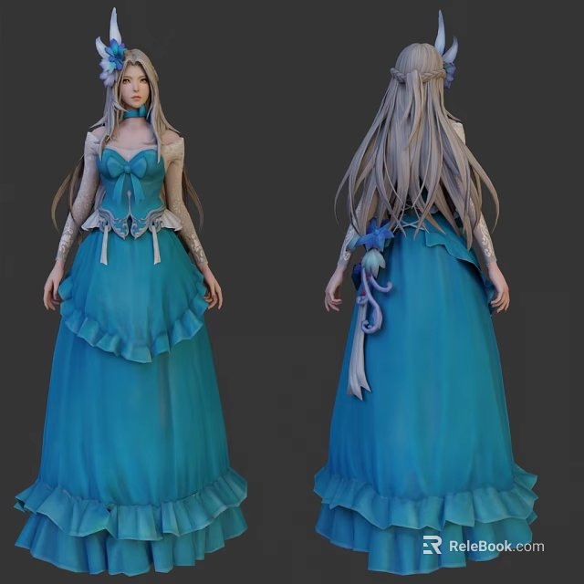 Game and Movie Character with Blue Long Dress Long Silver Hair Bow and Lace Details 3d model 