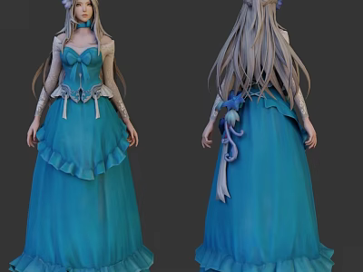 Game and Movie Character with Blue Long Dress Long Silver Hair Bow and Lace Details 3d model