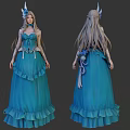 Game and Movie Character with Blue Long Dress Long Silver Hair Bow and Lace Details