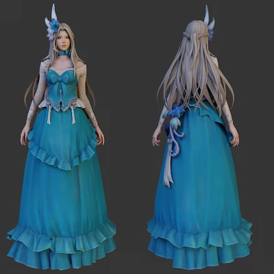 Game and Movie Character with Blue Long Dress Long Silver Hair Bow and Lace Details 3d model