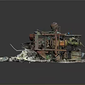Abandoned Mechanical Structure With Rusted Parts Debris And Stone Fragments On Ruined Base