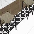 Elegant Modern Kitchen Interior With Woven Bar Stools Marble Countertop And Patterned Floor Tiles