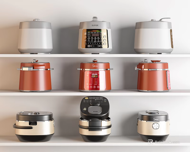 Different Colored Kitchen Appliances Displayed On White Shelves With Various Styles 3d model 