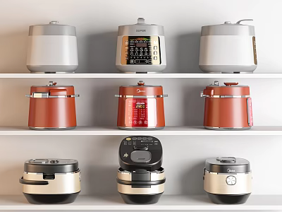 Different Colored Kitchen Appliances Displayed On White Shelves With Various Styles 3d model