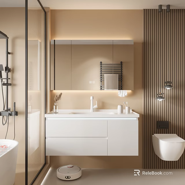 Modern Bathroom Vanity Cabinet With Mirror Sink Faucet Lighting And Storage Design 3d model 