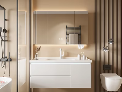 Modern Bathroom Vanity Cabinet With Mirror Sink Faucet Lighting And Storage Design 3d model