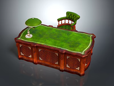 Classic Wooden Office Desk Featuring Green Leather Top And Ornate Carved Details With Matching Chair 3d model
