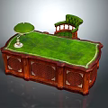 Classic Wooden Office Desk Featuring Green Leather Top And Ornate Carved Details With Matching Chair