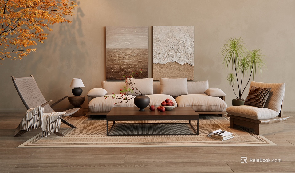 Modern Living Room Beige Sofa And Coffee Table Set With Wall Art And Potted Plants 3d model 
