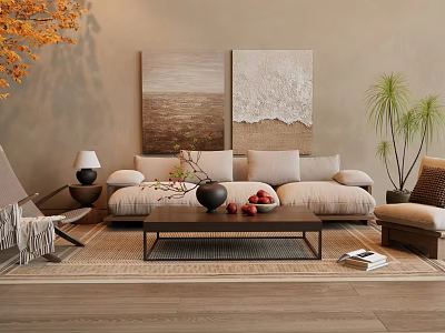 Modern Living Room Beige Sofa And Coffee Table Set With Wall Art And Potted Plants 3d model