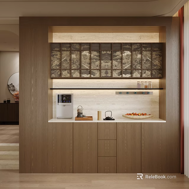 Modern Wooden Sideboard With Glass Door Cabinets And Coffee Machine On Countertop 3d model 