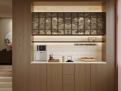 Modern Wooden Sideboard With Glass Door Cabinets And Coffee Machine On Countertop 3d model