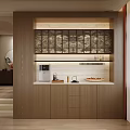 Modern Wooden Sideboard With Glass Door Cabinets And Coffee Machine On Countertop