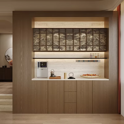Modern Wooden Sideboard With Glass Door Cabinets And Coffee Machine On Countertop 3d model