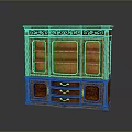Antique Wooden Cabinet With Carved Design Glass Doors And Pink Interior Drawers