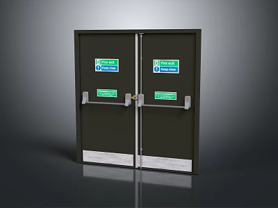 Safety Exit Double Doors With Green Signs Metal Handles And Bottom Strips 3d model
