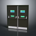 Safety Exit Double Doors With Green Signs Metal Handles And Bottom Strips