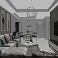Modern Living and Dining Room Interior With White Sofa Throw Pillows And Cage Chandelier