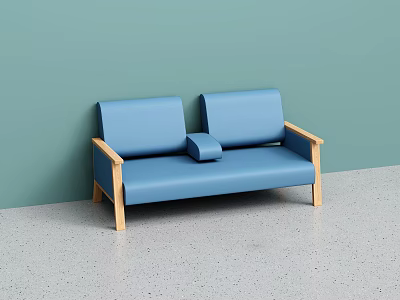Blue Two Seat Public Chair With Wooden Armrests Light Green Wall And Gray Floor 3d model