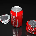 Red Coca-Cola Beverage with Intact Can and Crushed Aluminum Cans