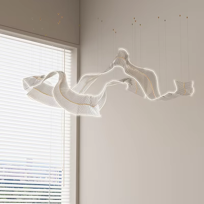 Modern White Wavy Chandelier With Gold Accents In Room By Window With Blinds 3d model