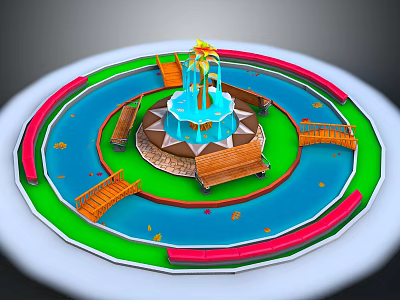Landscaped Circular Fountain Pool With Bridges Benches And Colored Rings 3d model
