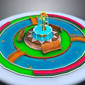 Landscaped Circular Fountain Pool With Bridges Benches And Colored Rings