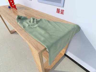 Light Green Clothing Laid on Wooden Table with Fashion Apparel Red Character Sign 3d model