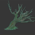 Wood and Stone Textured Dead Tree Trunk with Green Mossy Roots and Dry Branches 3d model