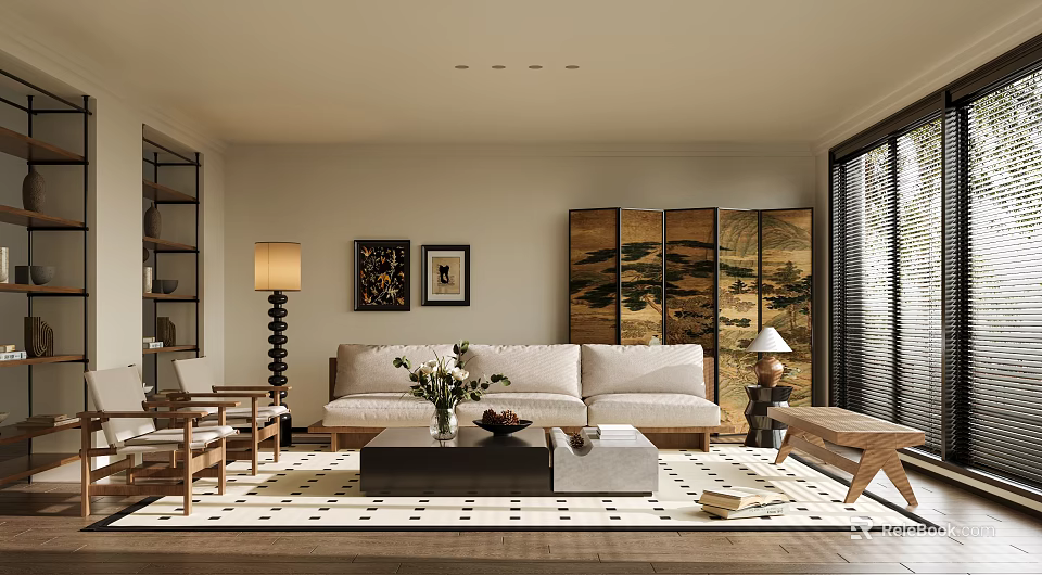 Modern Living Room Interior With Beige Sofa Coffee Table And Decorative Screen 3d model