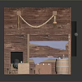Wooden Cabin Interior With Bunk Bed Blue Cloth Barrel Table And Stools