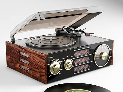 Wooden Vinyl Record Player With Open Lid Turntable Control Knobs And Speaker Grilles 3d model