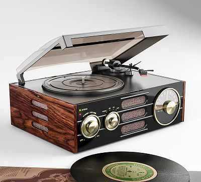 Wooden Vinyl Record Player With Open Lid Turntable Control Knobs And Speaker Grilles 3d model